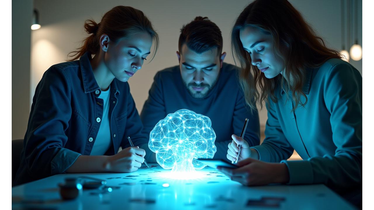Equipo de Eco Artificial colaborando en un proyecto de IA, rodeado de elementos gráficos que representan datos y creatividad.