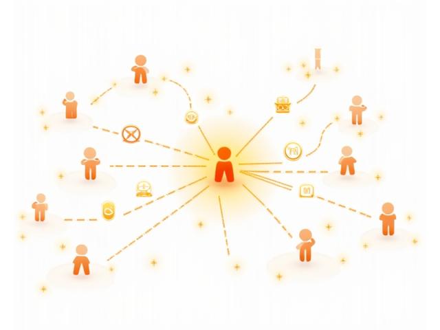 Ilustración de una red de personas conectadas digitalmente a través de correos electrónicos, simbolizando una comunidad fuerte y comprometida.