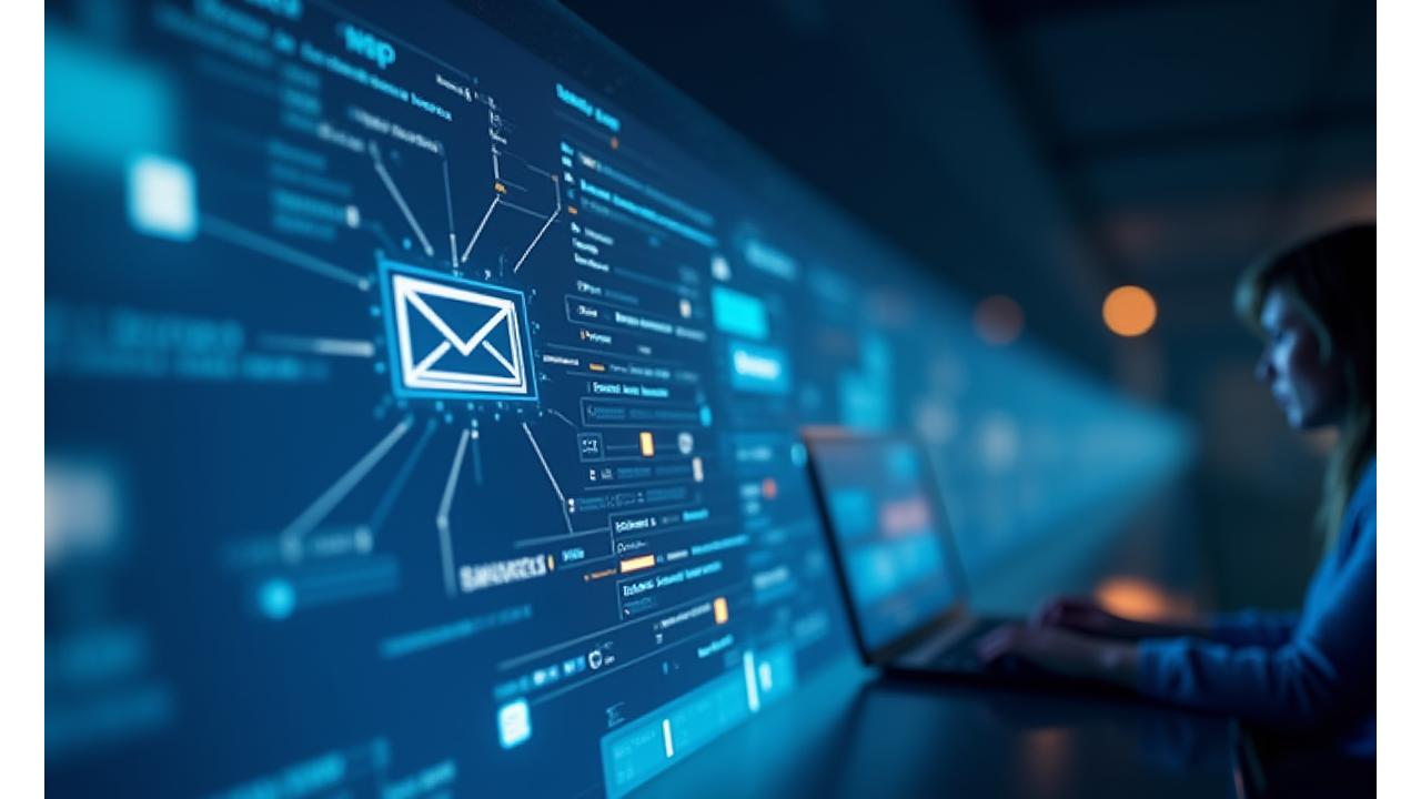 Representación de un panel de control de envío de newsletter automatizado, mostrando cómo el contenido fluye de un blog a emails personalizados con la ayuda de IA.