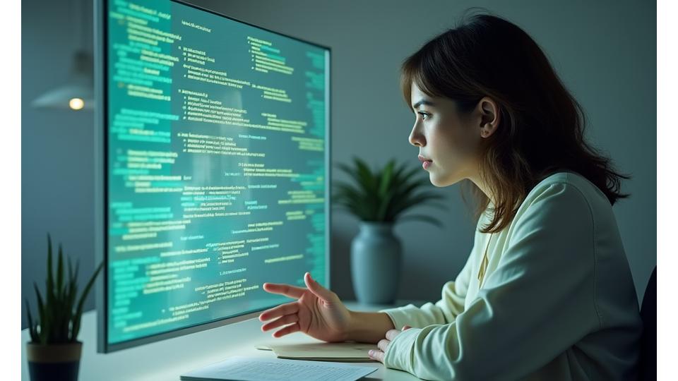 Escritor mirando un monitor con símbolos de escritura y código, mostrando un diálogo creativo humano-IA