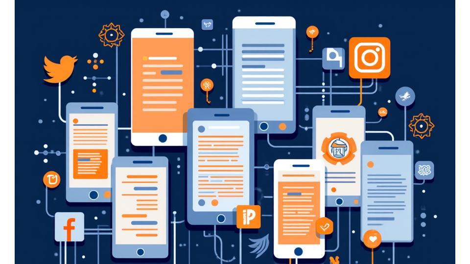 Varias pantallas de dispositivos móviles mostrando diferentes tipos de contenido creativo con logotipos de redes sociales, indicando microblogging