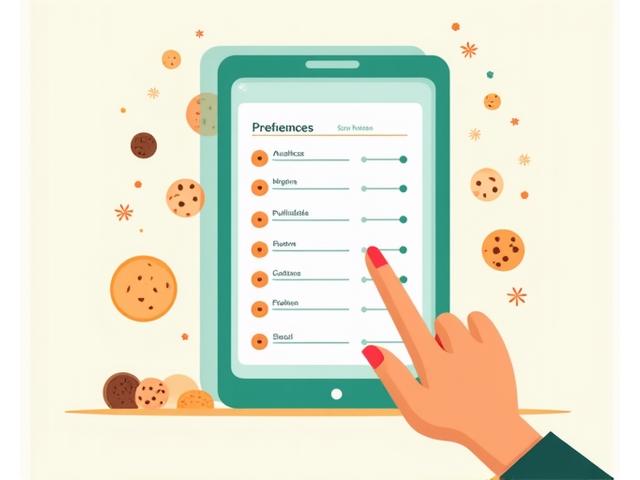Ilustración de una mano personalizando la configuración de privacidad de cookies en una tableta, con iconos de diferentes tipos de cookies alrededor.