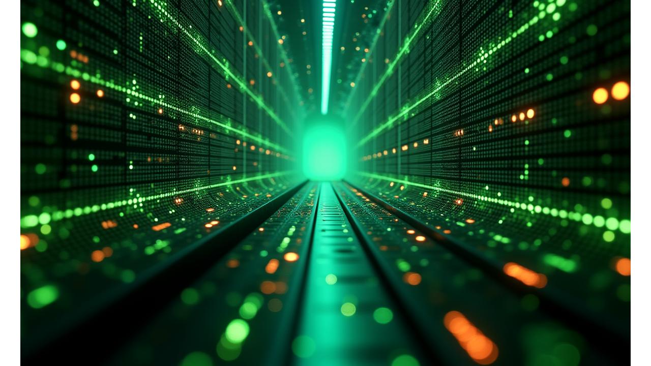 Representación visual de un centro de datos seguro con múltiples capas de protección digital y física, con un aura de ciberseguridad alrededor.