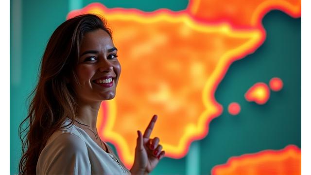 Mujer sonriendo frente a un mapa estilizado de España, simbolizando el éxito del SEO local y la conexión con la audiencia.