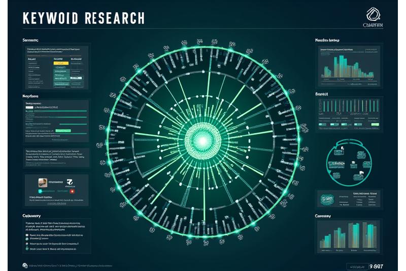 Visualización de un panel de control de investigación de palabras clave con recomendaciones de IA, showing conexiones semánticas y oportunidades long-tail.