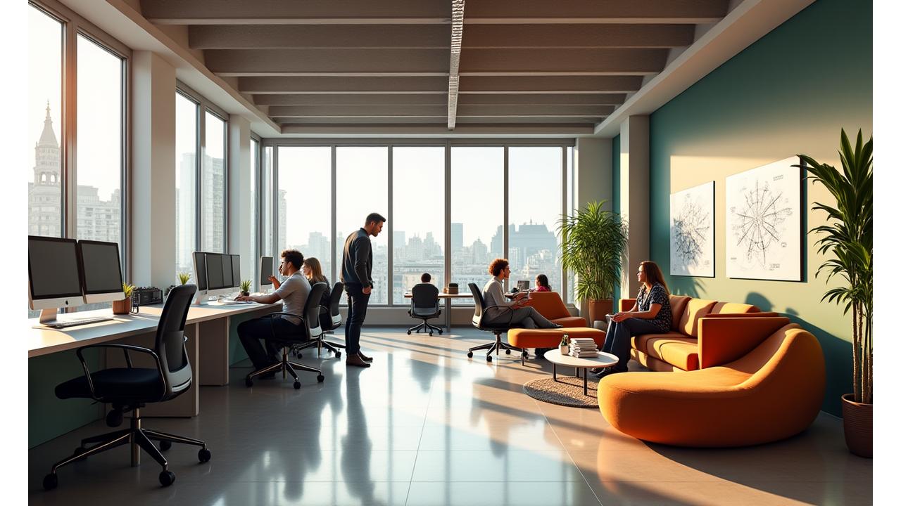 Vista panorámica del espacio de trabajo moderno y colaborativo de Eco Artificial en Madrid, con luz natural y toques de diseño español