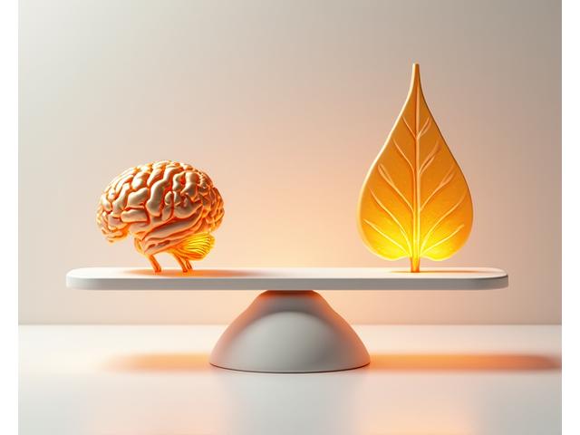 Una gráfica digital que muestra un equilibrio entre un árbol (sostenibilidad) y un cerebro (ciencia), con una línea fluida de datos fluyendo entre ellos.