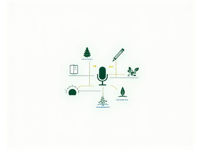 Un mapa conceptual de colaboración digital con líneas que conectan diferentes íconos (micrófono, lápiz, árbol), simbolizando herramientas de colaboración entre eco-bloggers y activistas ambientales asistidas por IA.