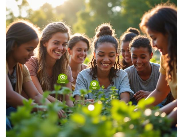 Un grupo de personas sonrientes trabajando juntas en un jardín comunitario, con iconos de logros y medallas flotando alrededor, simbolizando desafíos gamificados por IA para comportamientos sostenibles.