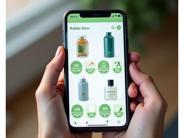 Una pantalla de dispositivo móvil mostrando productos eco-amigables con etiquetas verdes y un medidor de impacto ambiental, dirigido por IA.