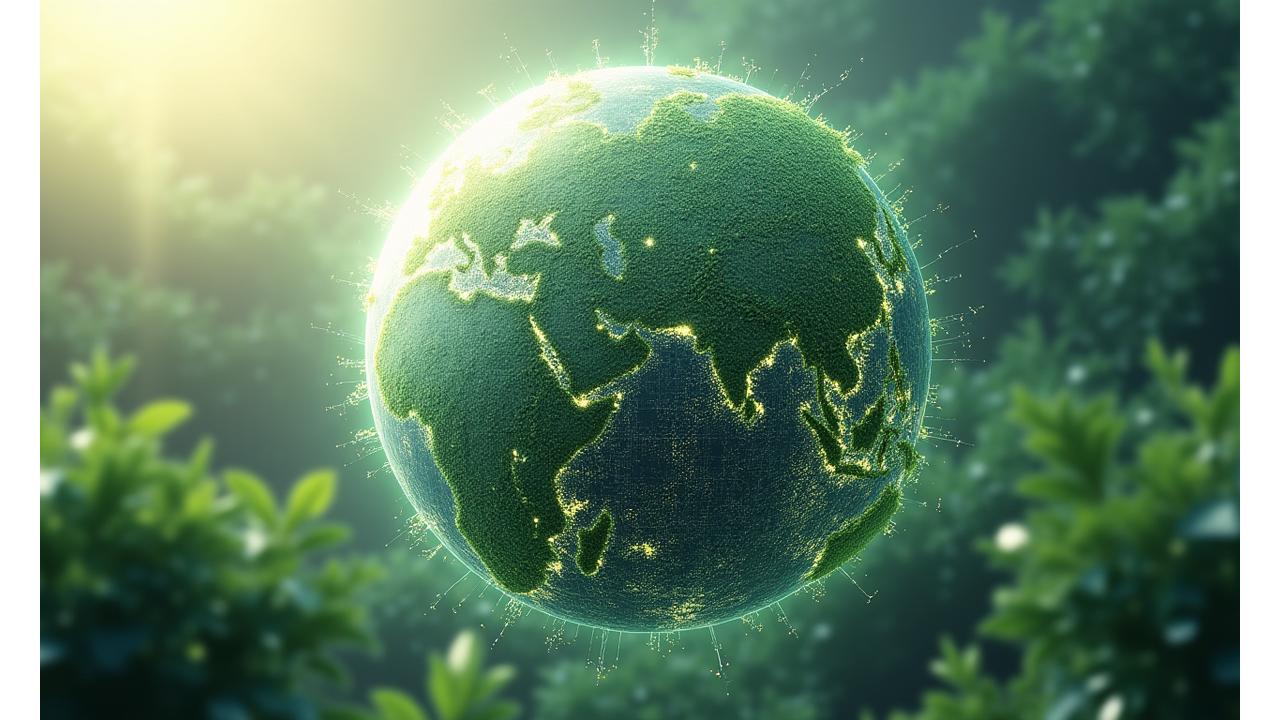 Representación digital de la Tierra rodeada de hojas verdes con elementos de IA abstractos, simbolizando la unión entre tecnología y naturaleza para la sostenibilidad.