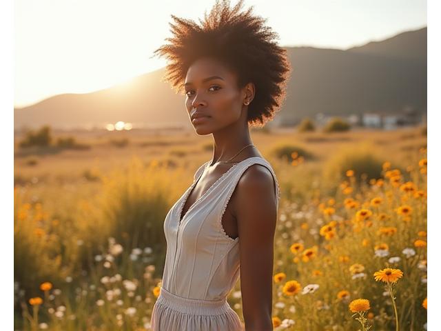 Una modelo vistiendo ropa eco-amigable en un entorno natural, con elementos abstractos de IA superpuestos, simbolizando la predicción de tendencias sostenibles.