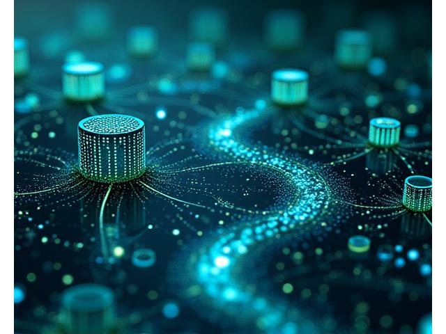 Una interfaz de usuario con líneas de código y grandes bases de datos cilíndricas en un entorno digital, simbolizando la integración perfecta de IA con la ciencia.