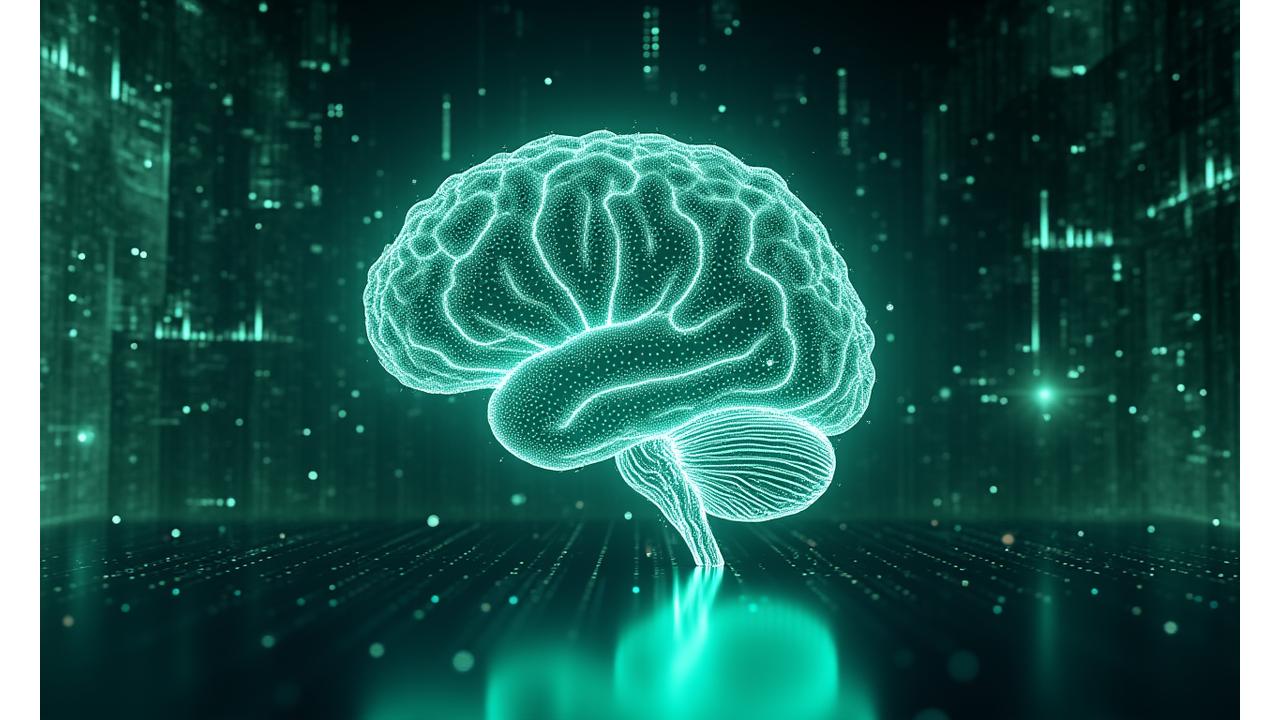 Representación futurista de un cerebro digital con conexiones de red, simbolizando la integración de la IA en la creación de contenido.