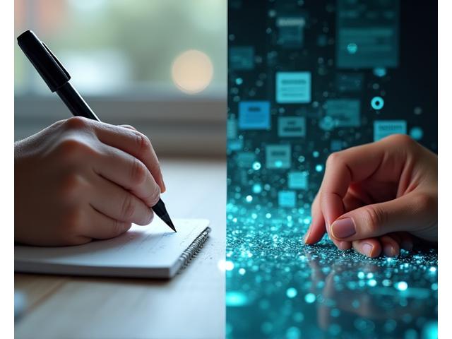 Comparativa visual de contenido generado solo por humanos versus contenido híbrido (humano-IA), destacando la eficiencia y calidad mejoradas del enfoque híbrido.