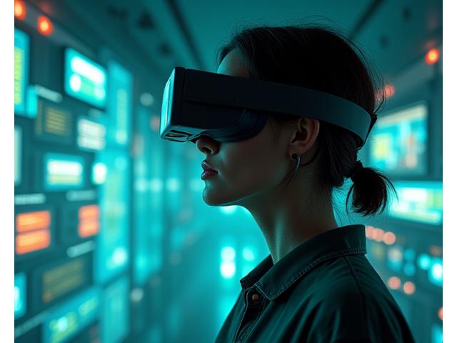 Diseño conceptual de un lector utilizando gafas de realidad virtual o aumentada, inmerso en un artículo de blog que cobra vida en 3D y con elementos interactivos.